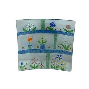 Fused Slumped Art Glass Square Plate 10×10 Floral Design Dish Tray Bowl Spring